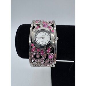 Vivani Silver Tone Cuff Watch Pink Crystal Filigree Bracelet Women's Jewelry
